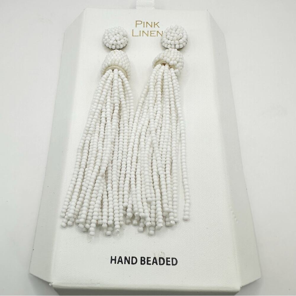 Pink Linen White Tassel Earrings NWT Seed Beads Dangle Jewelry Hand Beaded - Picture 9 of 16